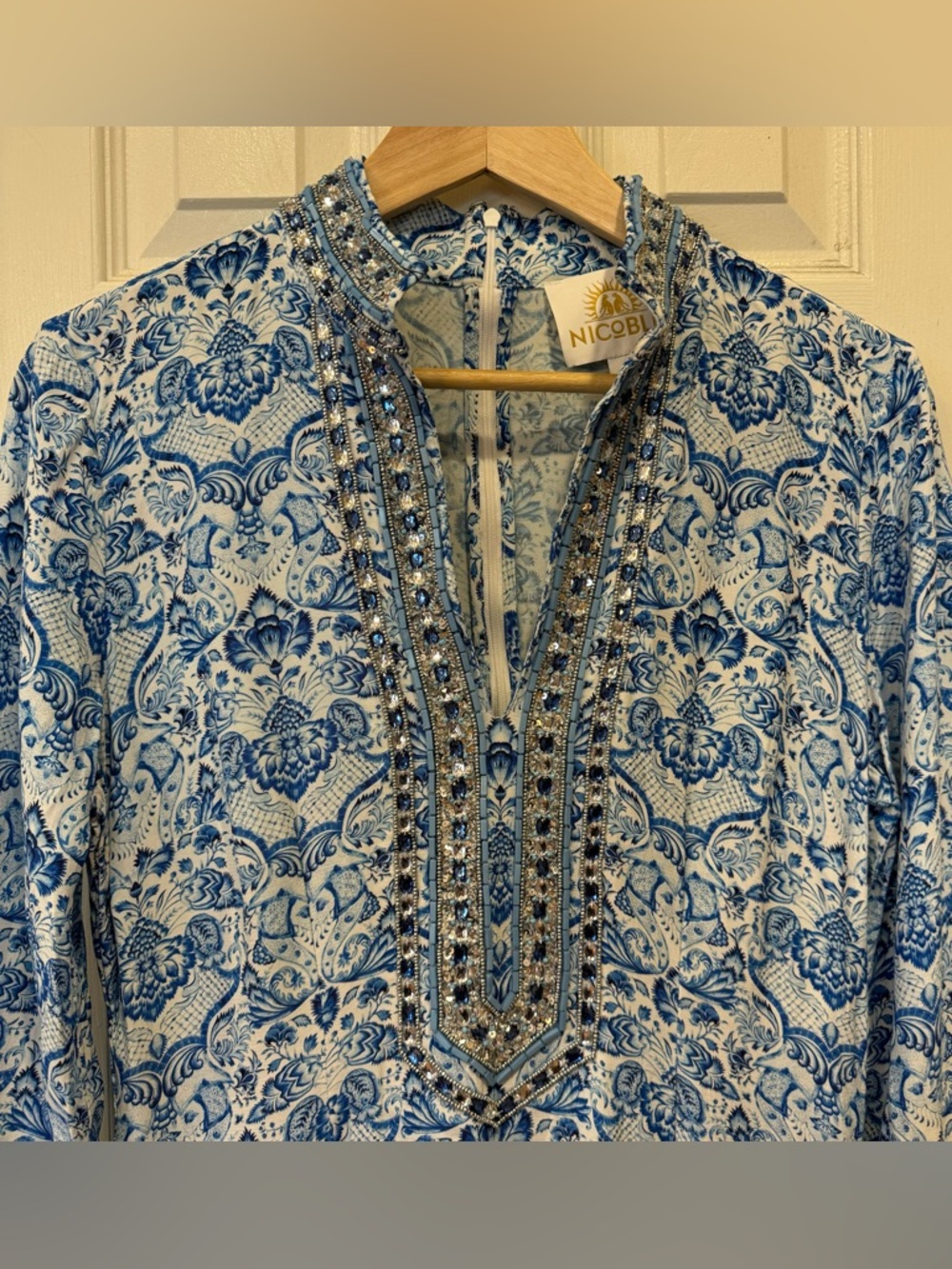 NEW SHALIMAR LONG TUNIC DRESS WITH SAPPHIRE JEWEL EMBELLISHMENT - NICOBLU Size 6 - Picture 9 of 11